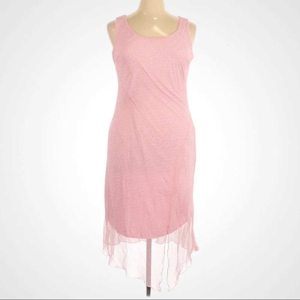Meghan Matthews Pink White Micro Dot Sleeveless Handkerchief Hem Midi Dress 14
